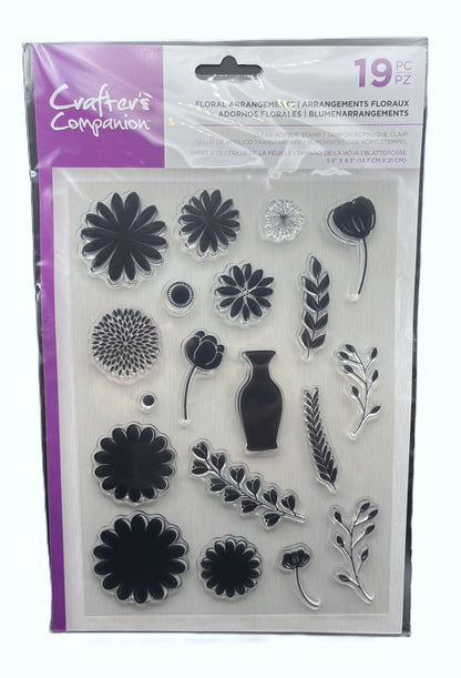 Packaged set of floral and nature-themed clear stamps with Crafter's Companion branding.