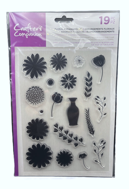 Packaged set of floral and nature-themed clear stamps with Crafter's Companion branding.