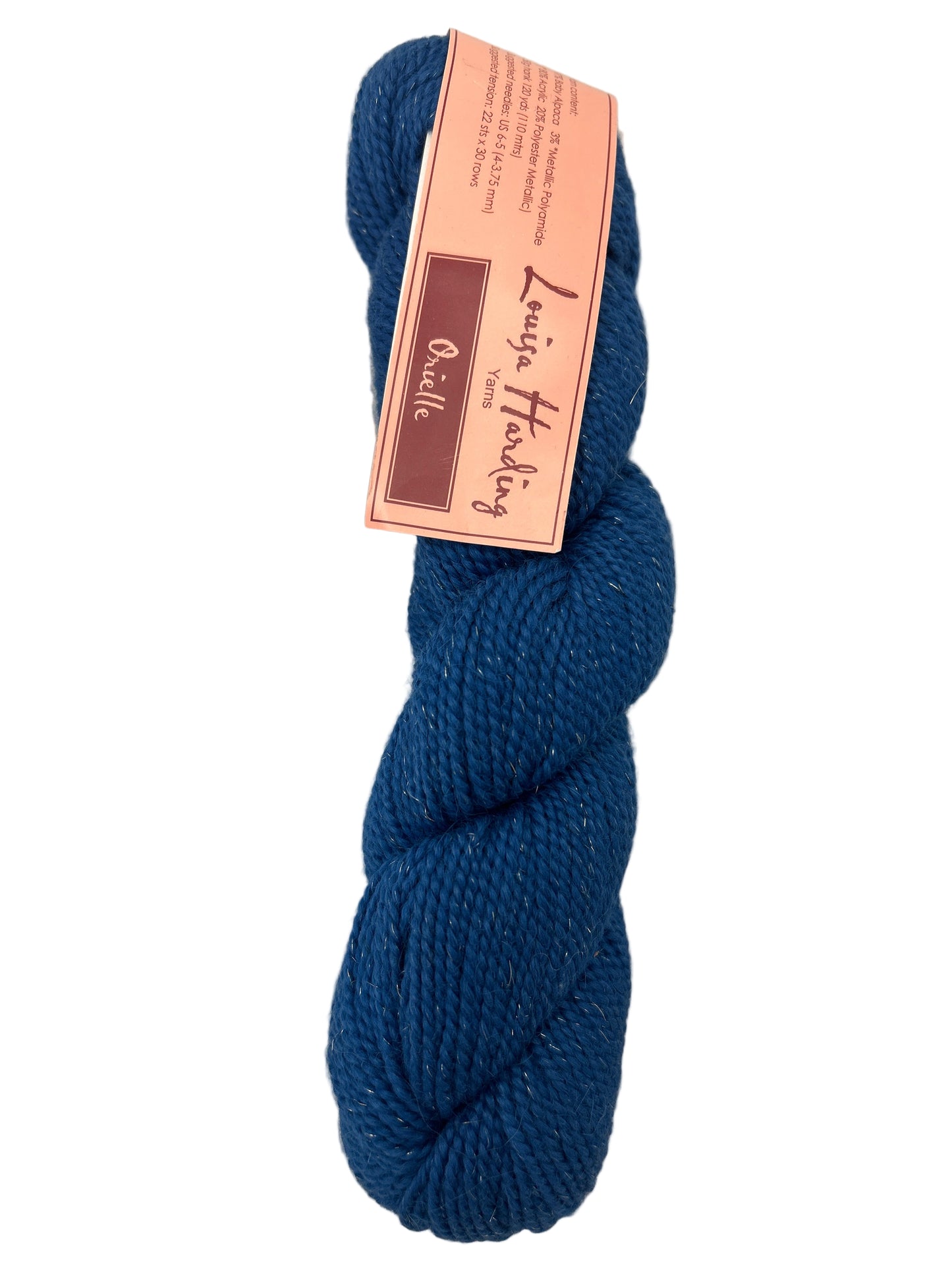 Blue skein of yarn with a label on a light gray background