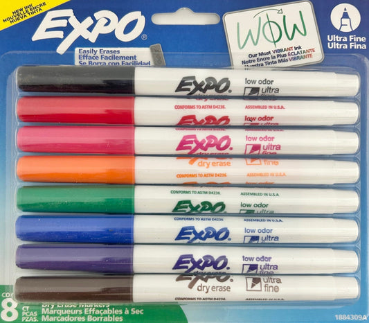 Packaging of Expo dry erase markers in various colors on a white background