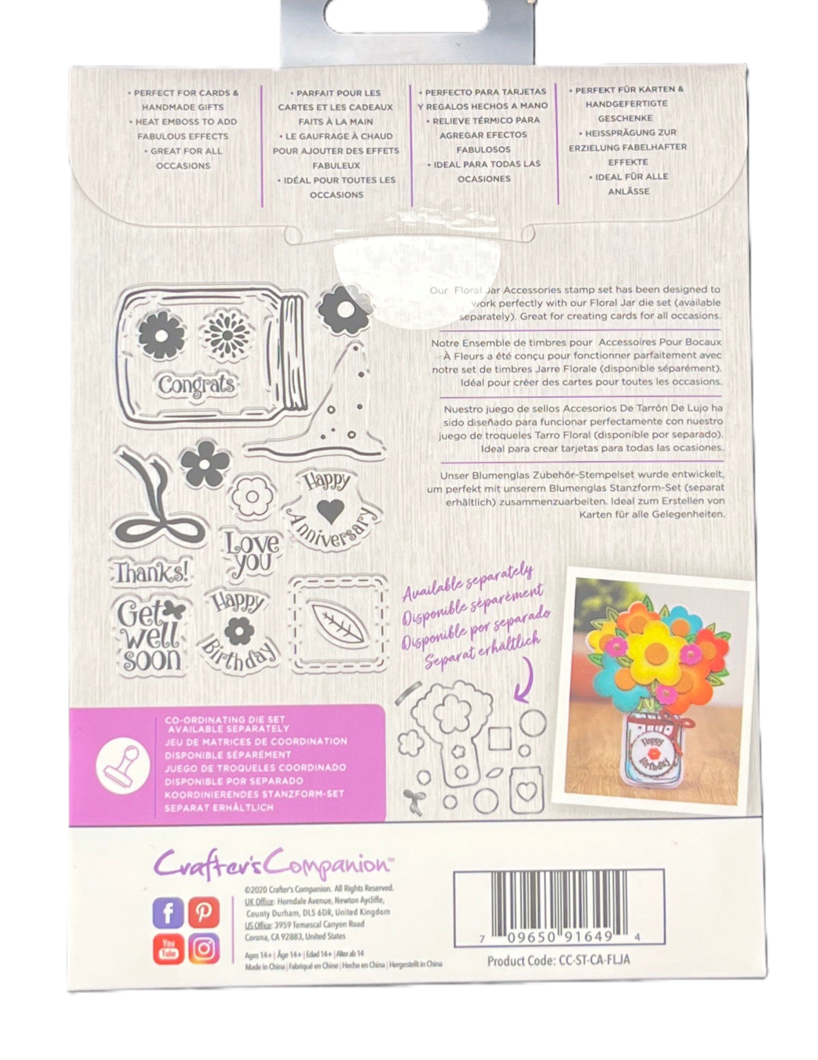 Packaging of Crafters Companion clear stamps with various designs and text.
