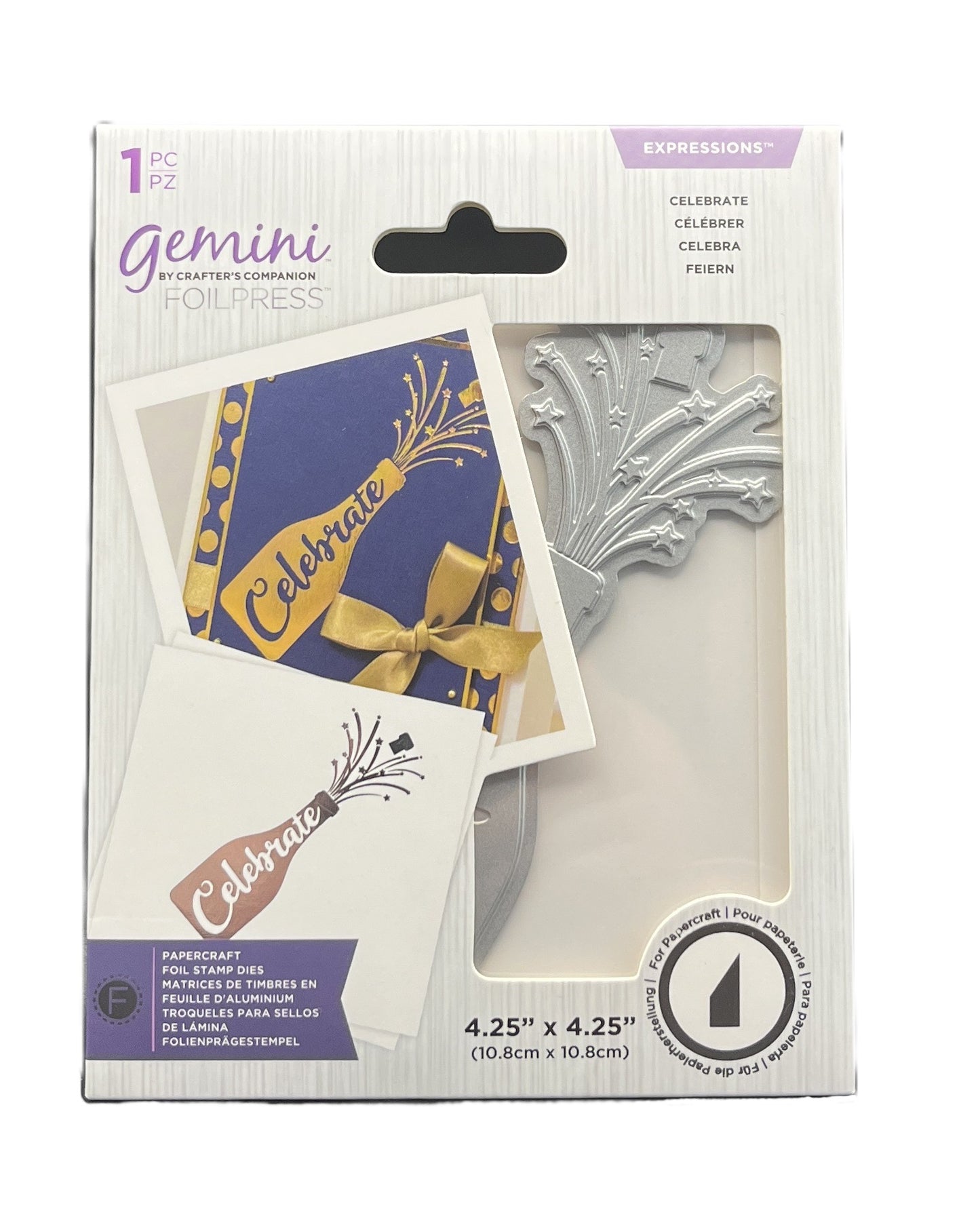 Packaging of Gemini die and card with 'Celebrate' design on a white background