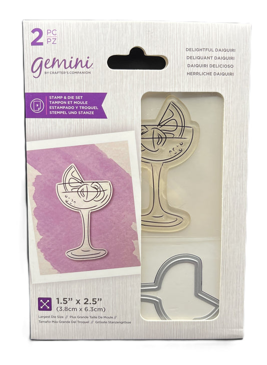  Gemini stamp and die set packaging with a cocktail glass design.