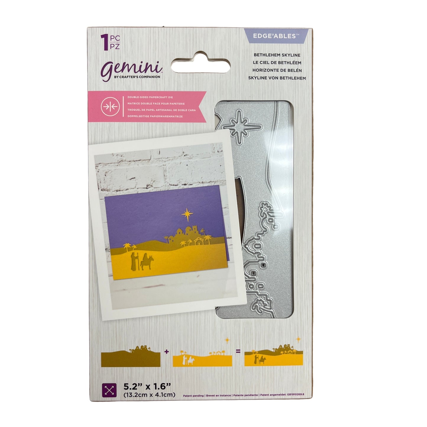 Gemini metal die set packaging with die and die-cut card on a white background