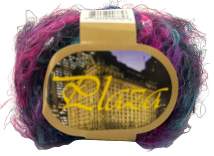 Multicolored yarn ball with a brand label on a white background