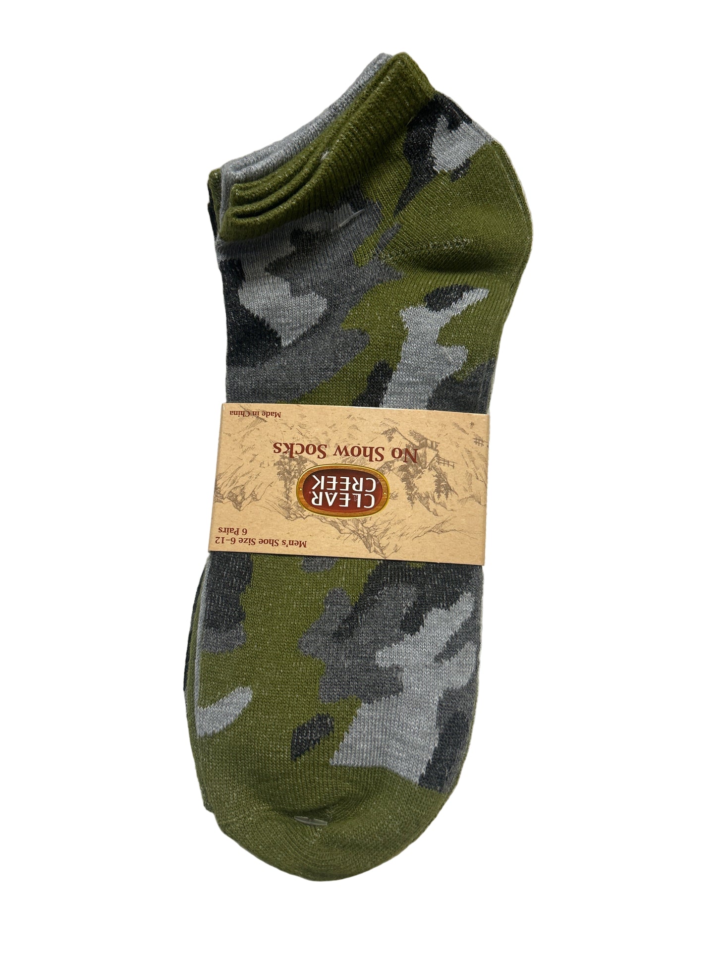 Camouflage-patterned sock with a brand label on a light gray background