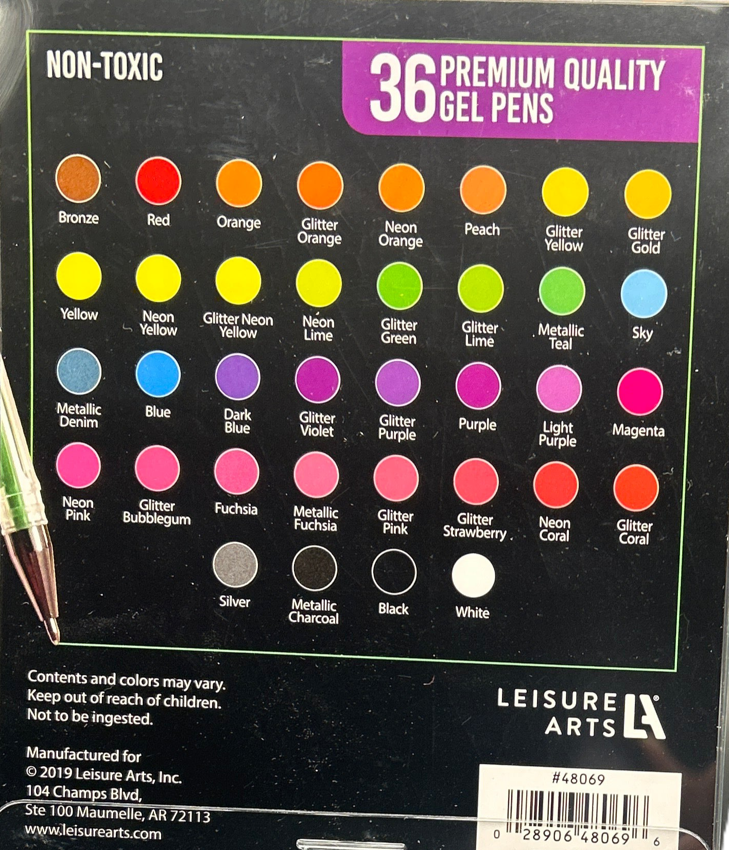 Packaging of Leisure Arts gel pens with color swatches on a black background