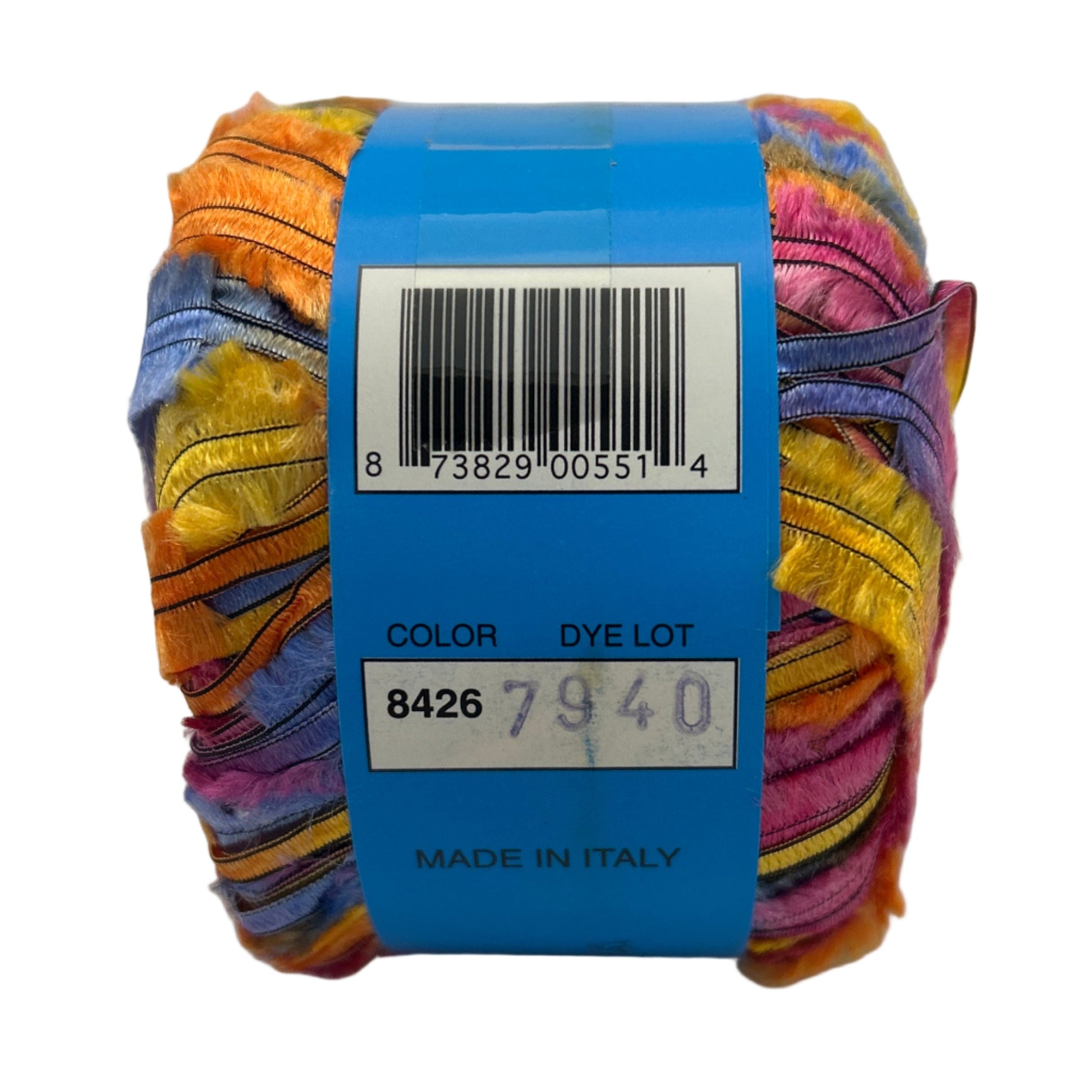 Multicolored yarn ball with a blue label on a white background