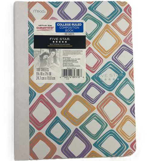 Five Star composition notebook with colorful geometric pattern on the cover