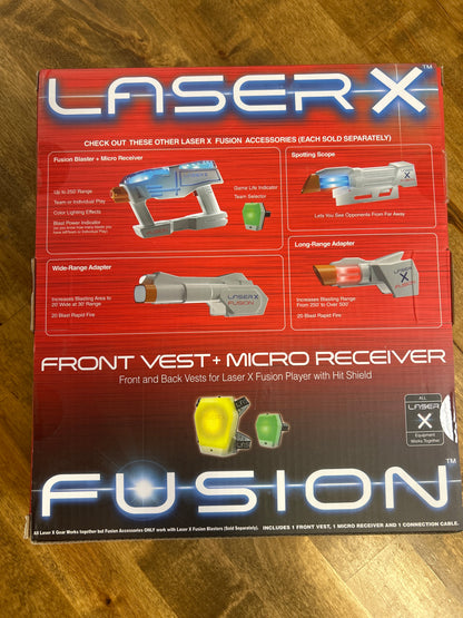 Laser X Fusion front vest and micro receiver packaging on a wooden surface