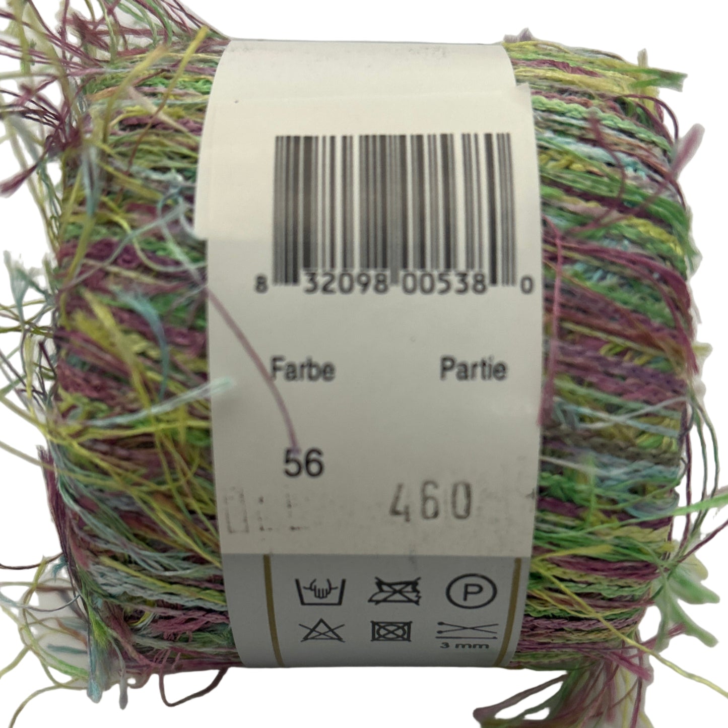 Multicolored yarn ball with a label on a white background