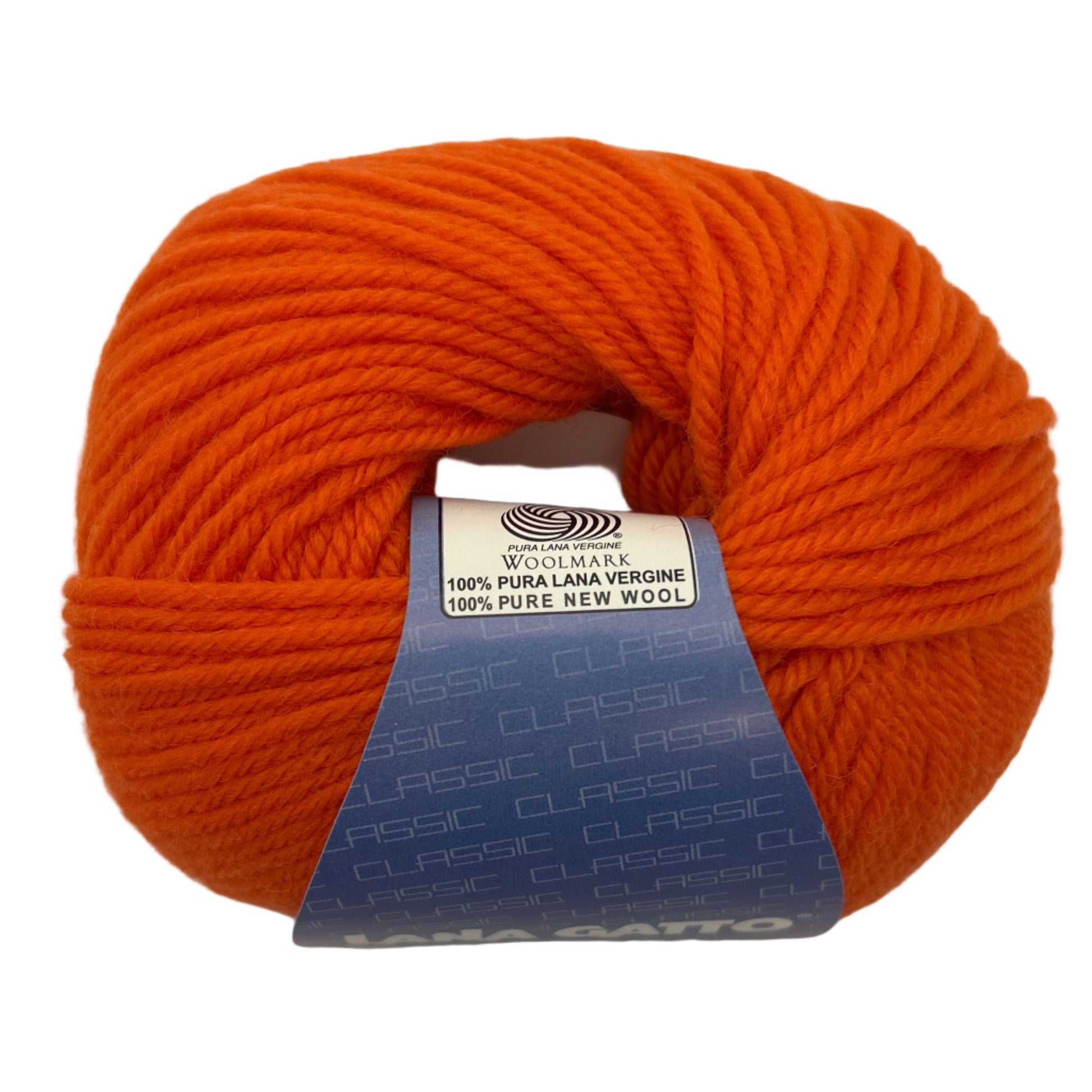 Orange ball of yarn with a label on a white background