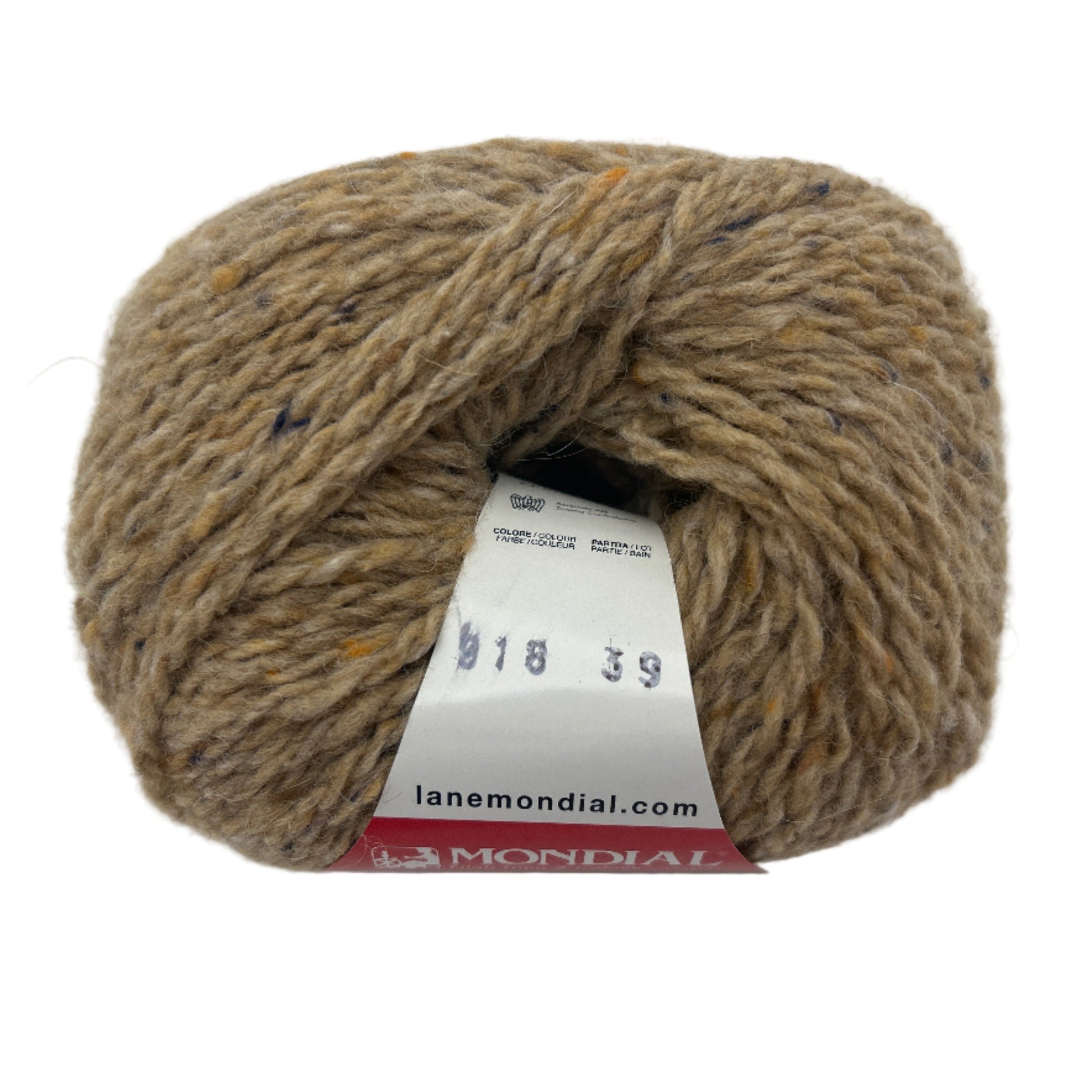 Ball of brown yarn with a label on a white background