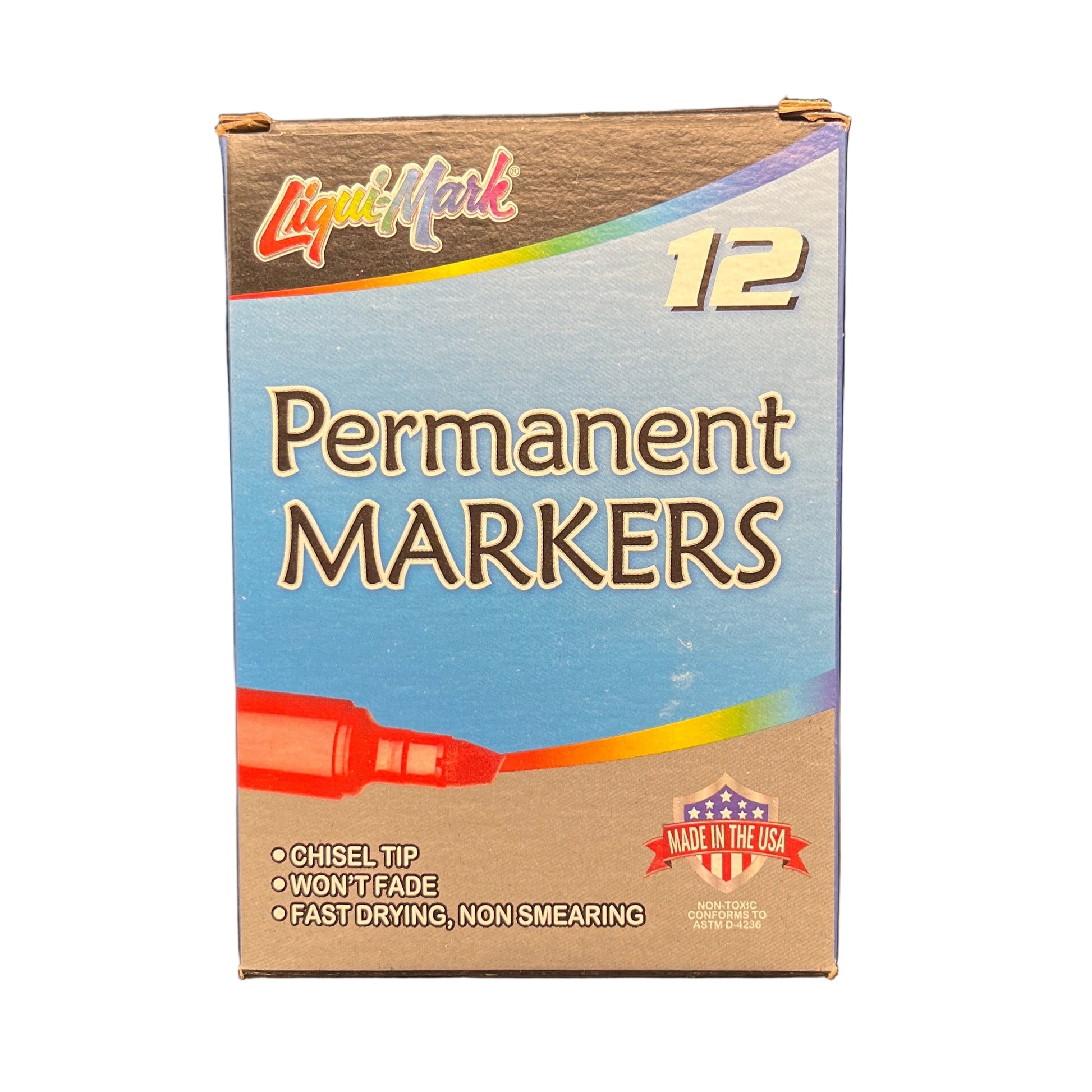 Box of Liquid Markers with a red marker on a white background