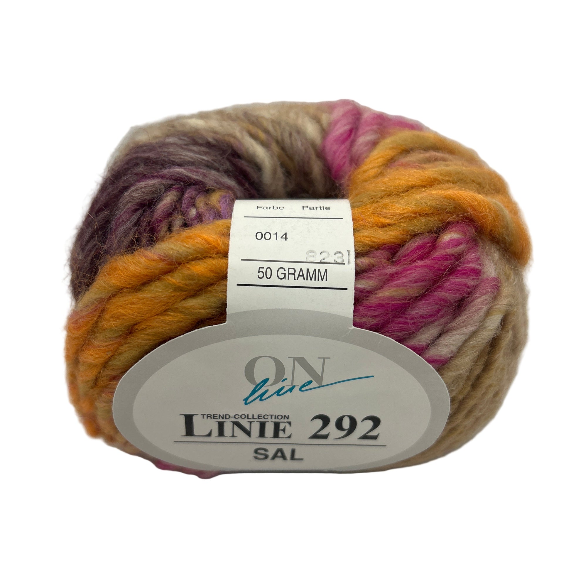 Multicolored yarn ball with a label on a white background