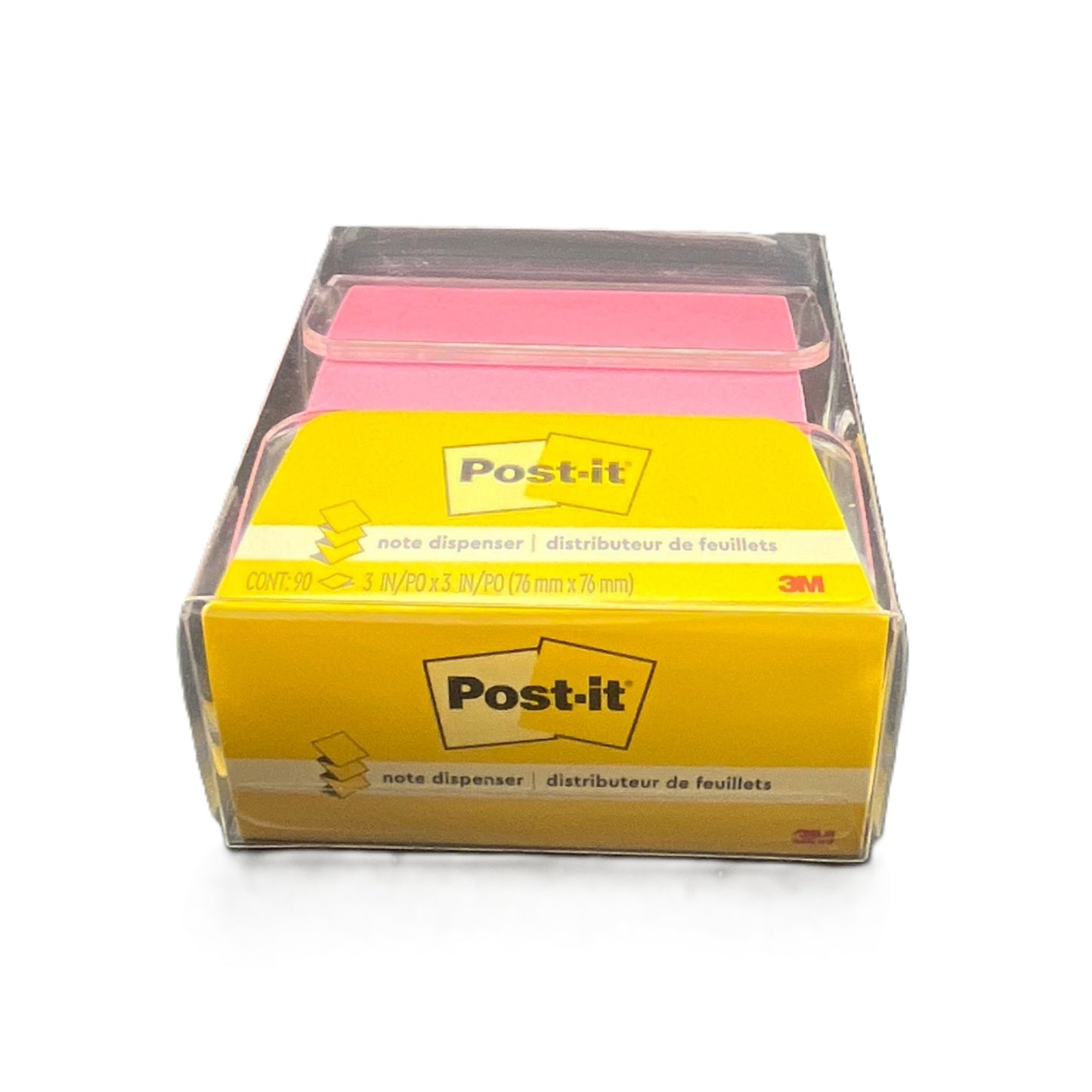 Post-it note dispenser with pink notes on a white background