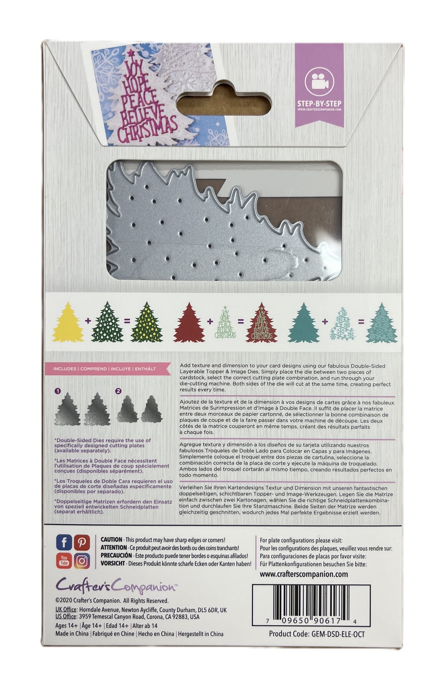 Package of a Christmas-themed craft die set with trees on the back