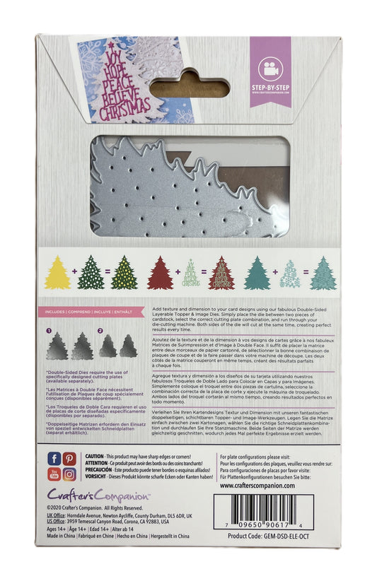 Package of a Christmas-themed craft die set with trees on the back