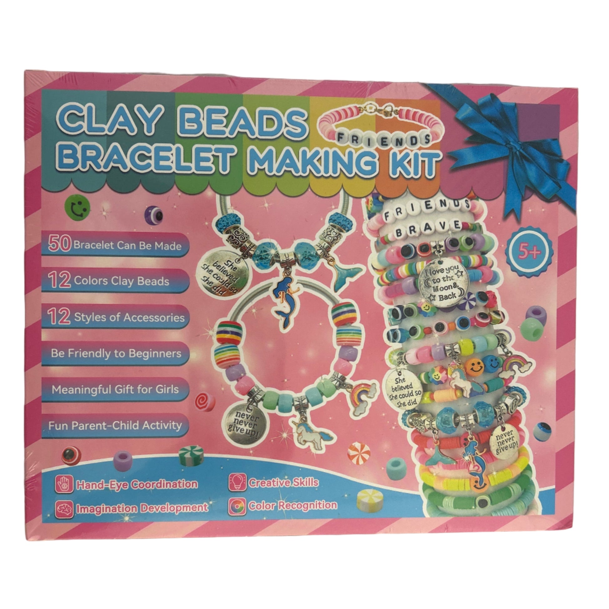 Clay beads bracelet making kit packaging on a white background