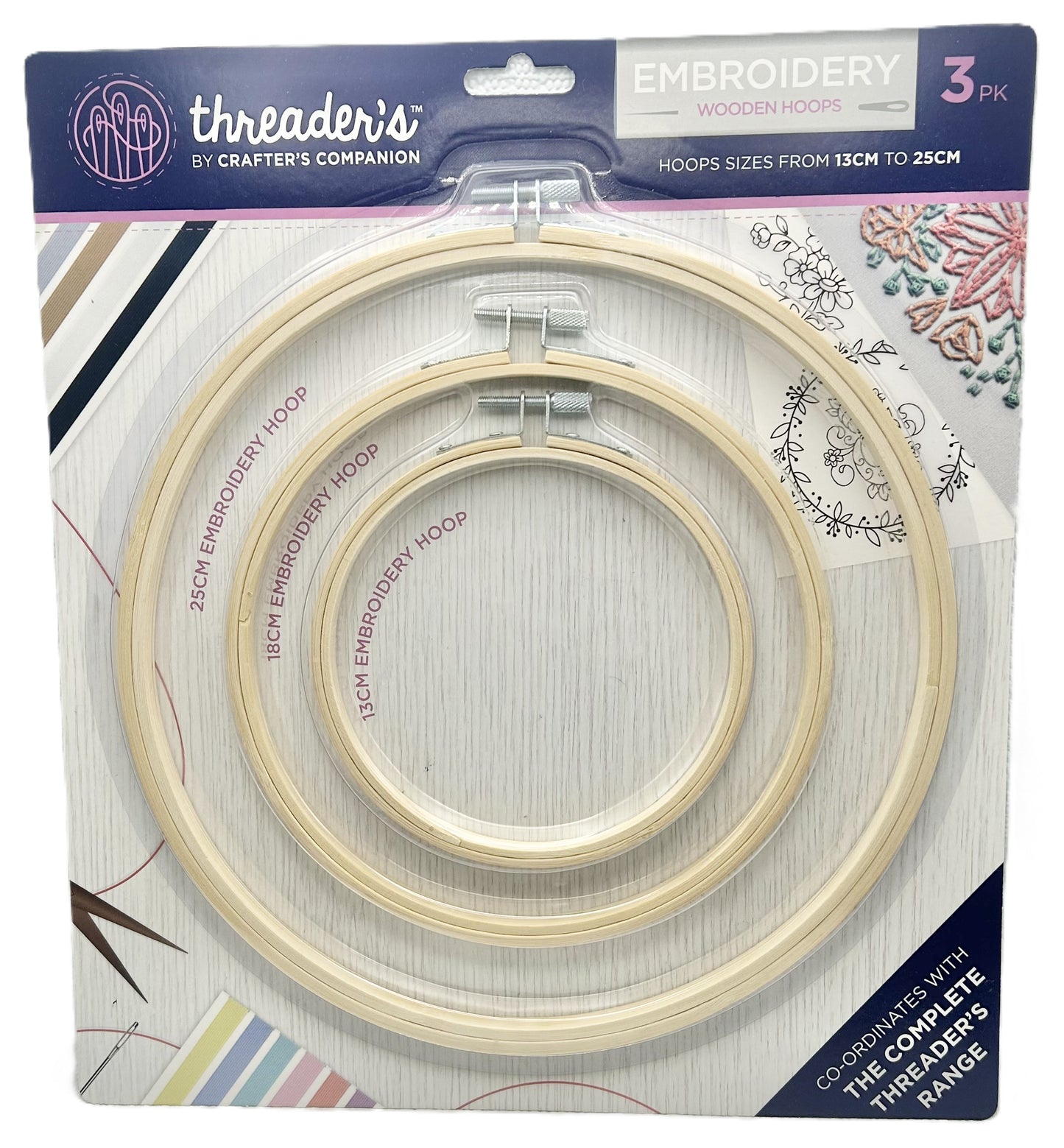 Packaged set of embroidery wooden hoops with 'Threader's' branding.