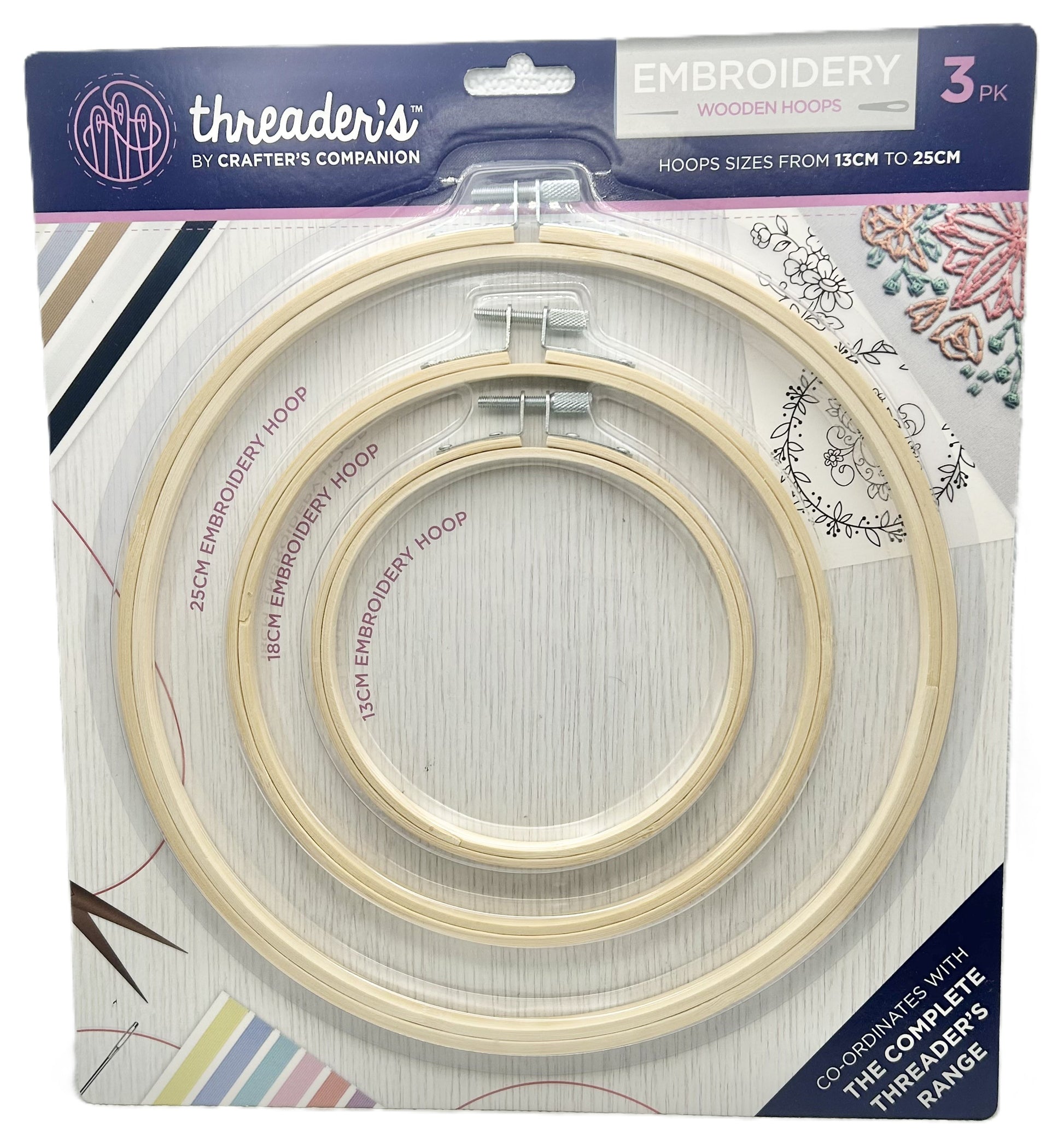 Packaged set of embroidery wooden hoops with 'Threader's' branding.