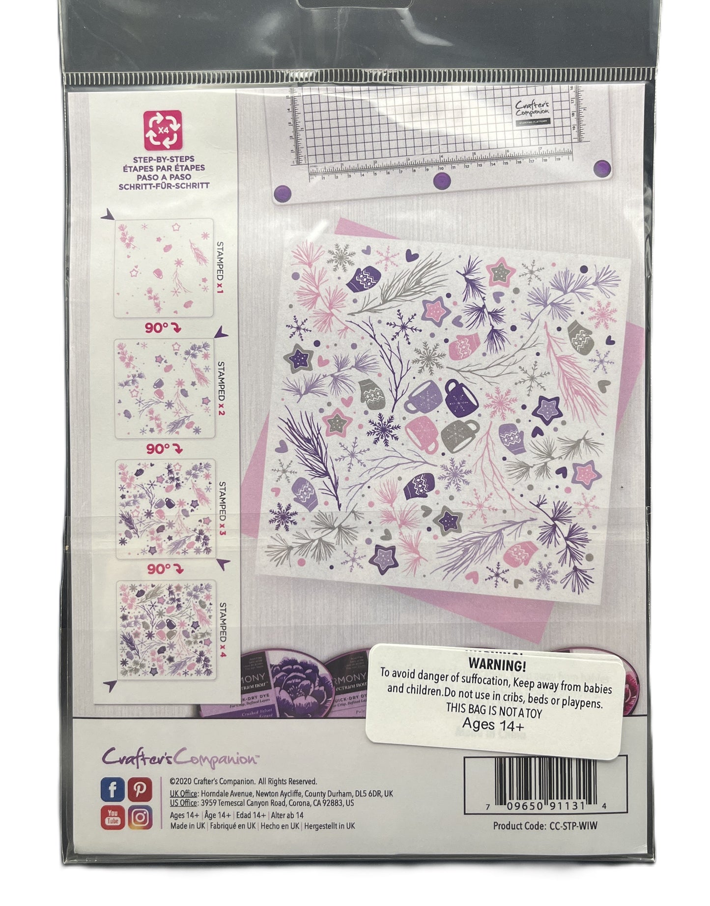 Packaged product with floral design and warning label on a gray background