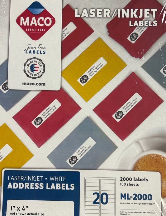Box of Maco laser/inkjet labels with colorful design on a wooden surface