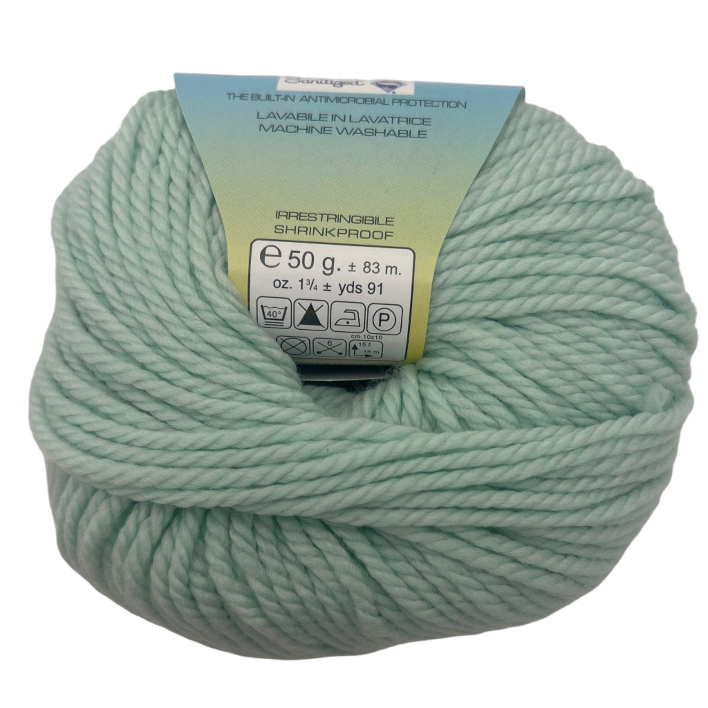 Light green skein of yarn with a label on a white background