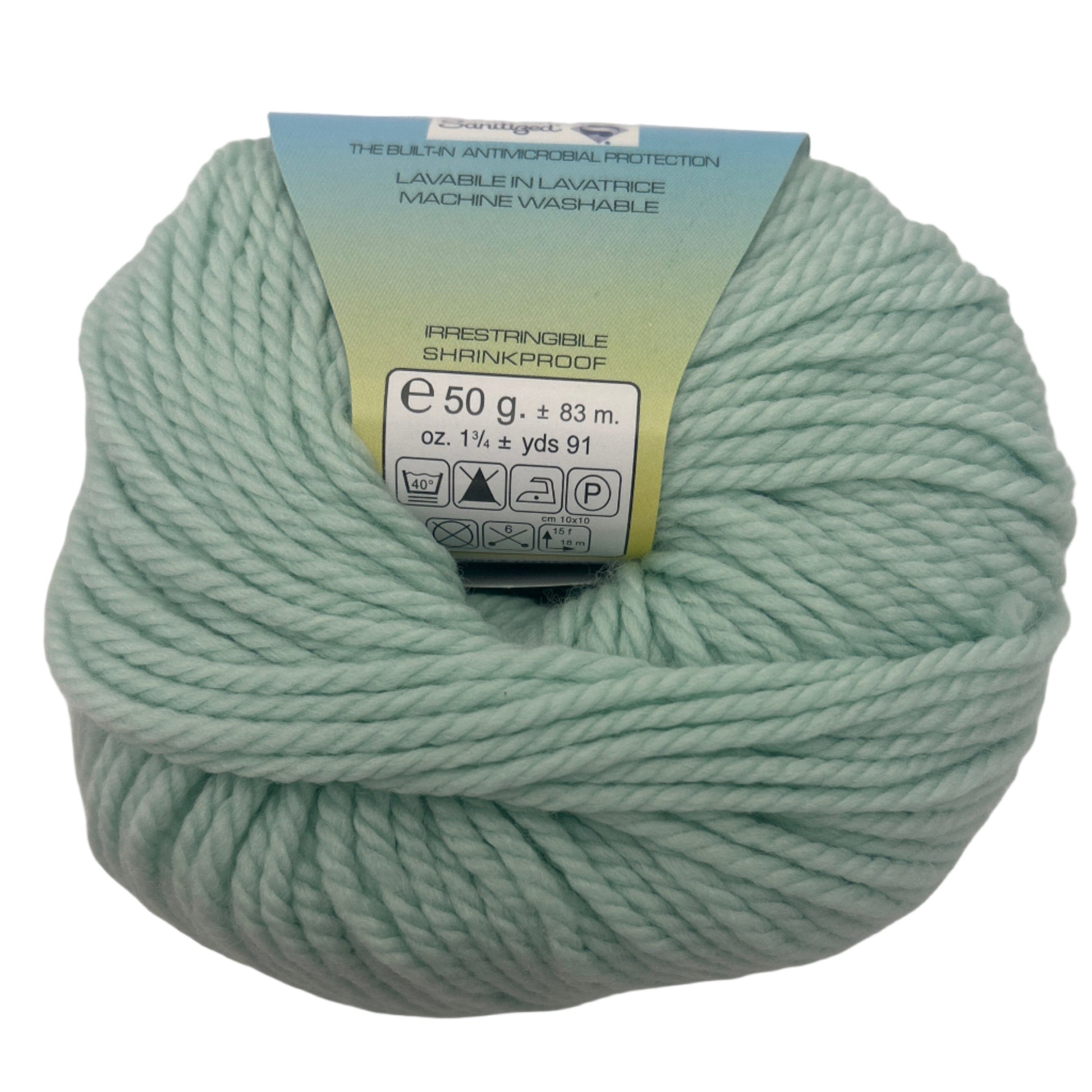 Light green skein of yarn with a label on a white background