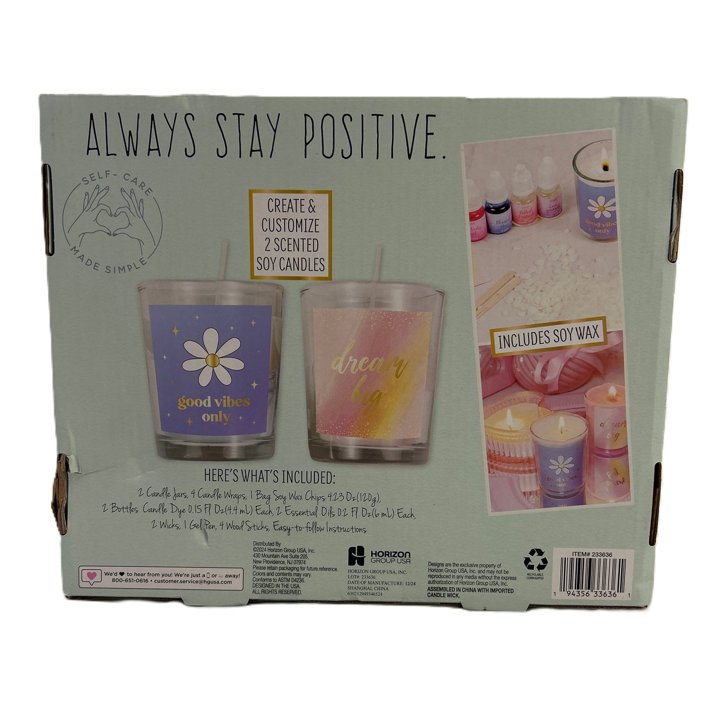 Box of self-care candles with 'Always Stay Positive' text and images of candles on a white background.