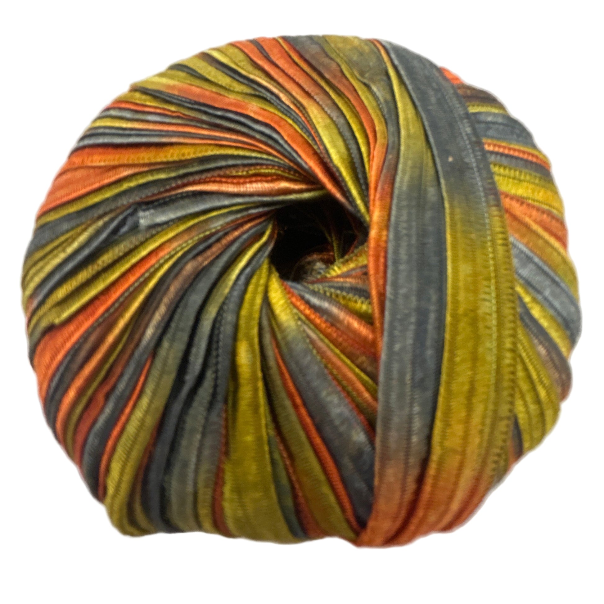 Colorful skein of yarn with orange, yellow, and gray stripes on a white background