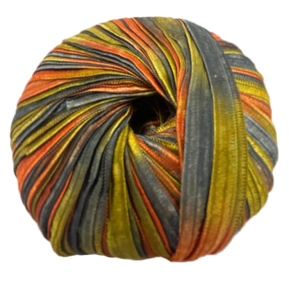 Colorful skein of yarn with orange, yellow, and gray stripes on a white background