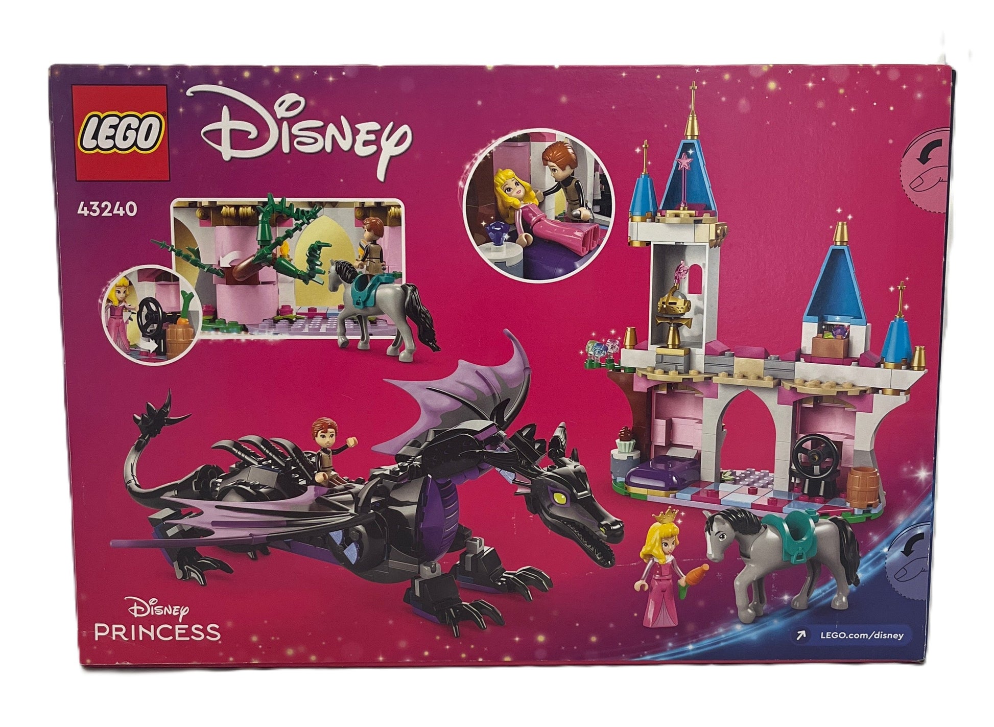 LEGO Disney Princess set packaging with castle, dragon, and characters on a pink background