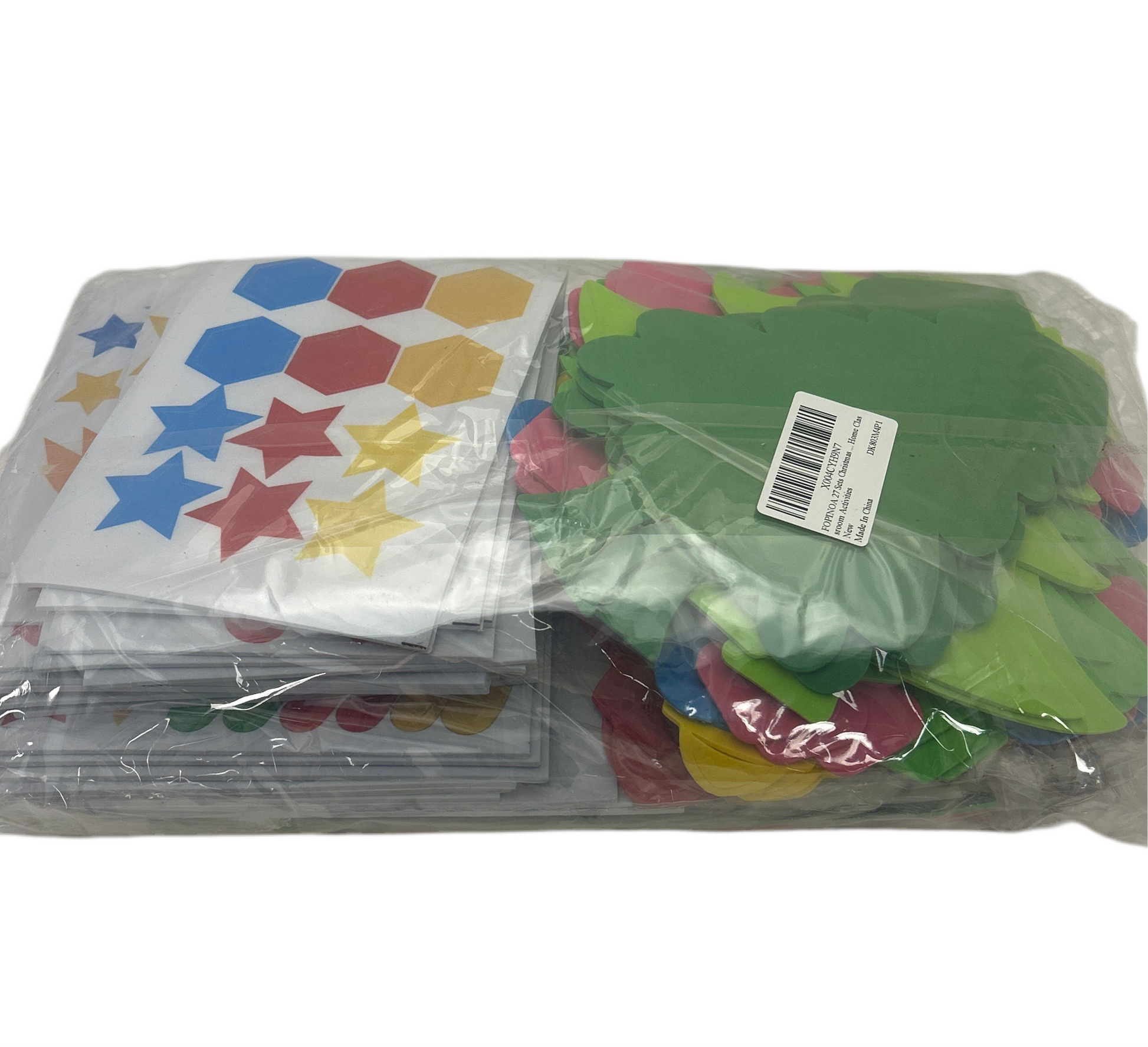 Packaged colorful paper cutouts with star, circle, and hexagon shapes.