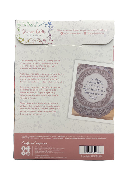 Back of a packaging box with text and a decorative card design, featuring the brand 'Sharon Callis'.