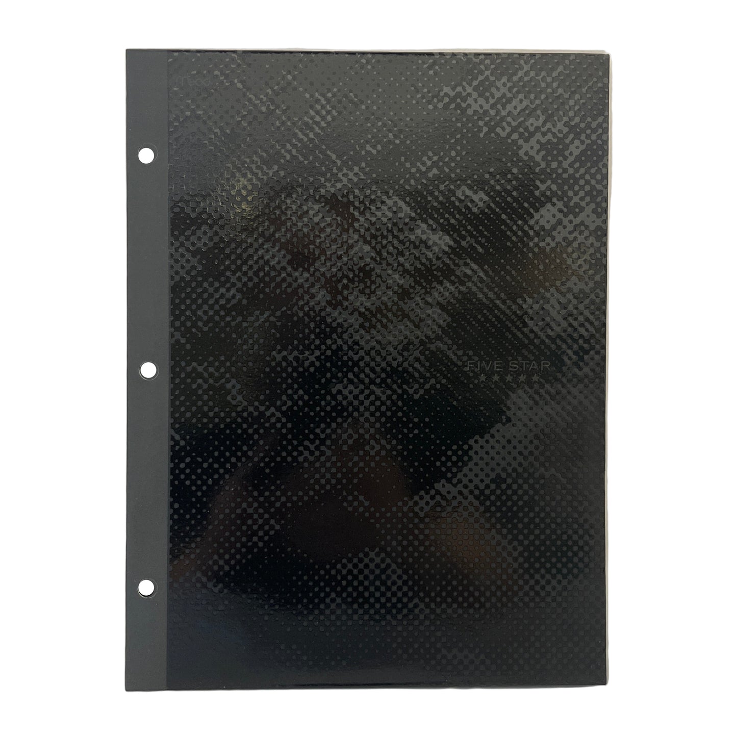 Black carbon fiber patterned notebook cover on a white background