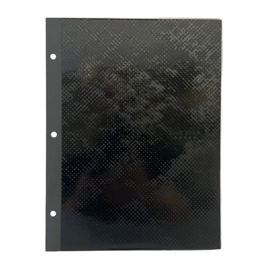 Black carbon fiber patterned notebook cover on a white background