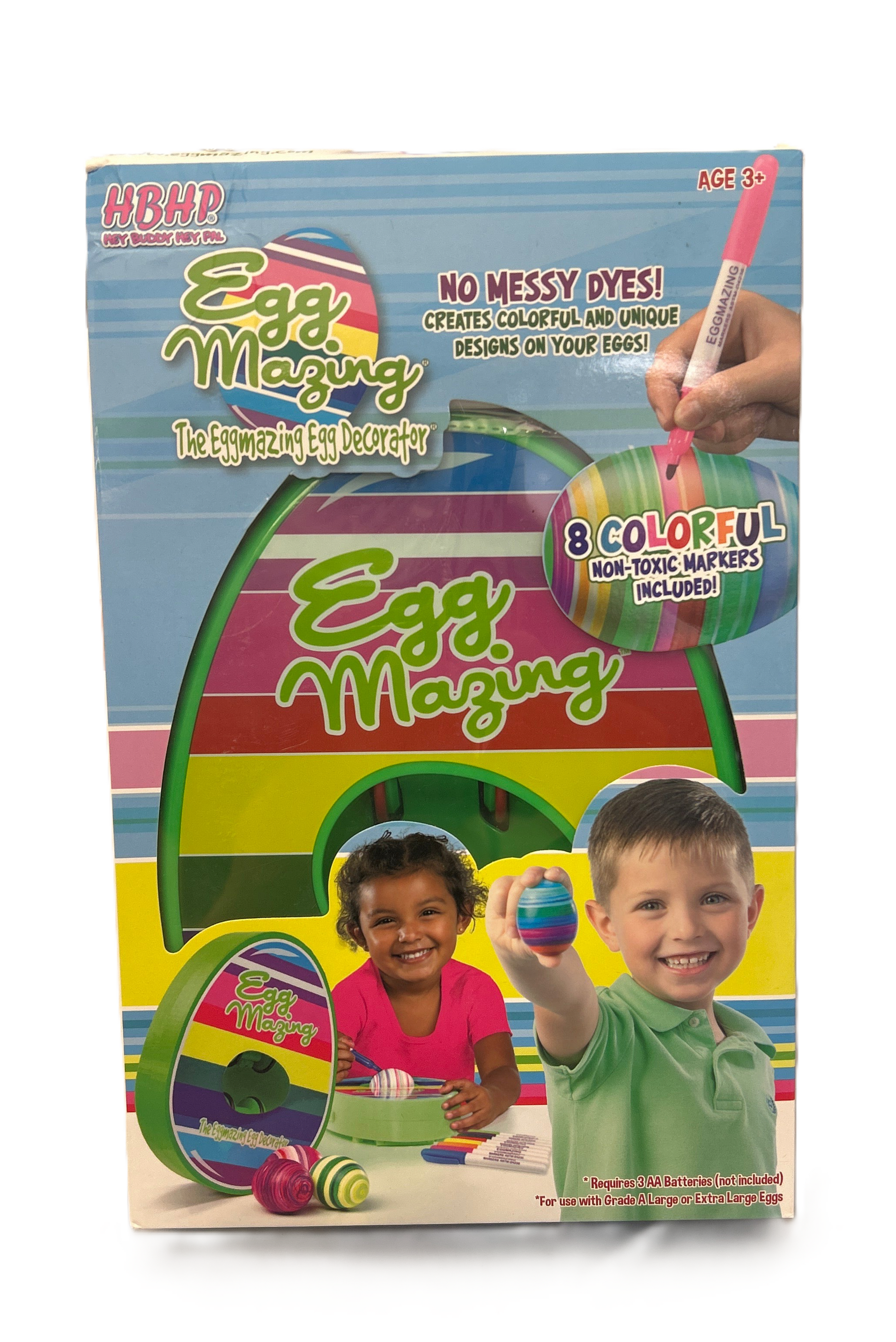 Egg Mazing toy packaging with colorful design and children using the product.