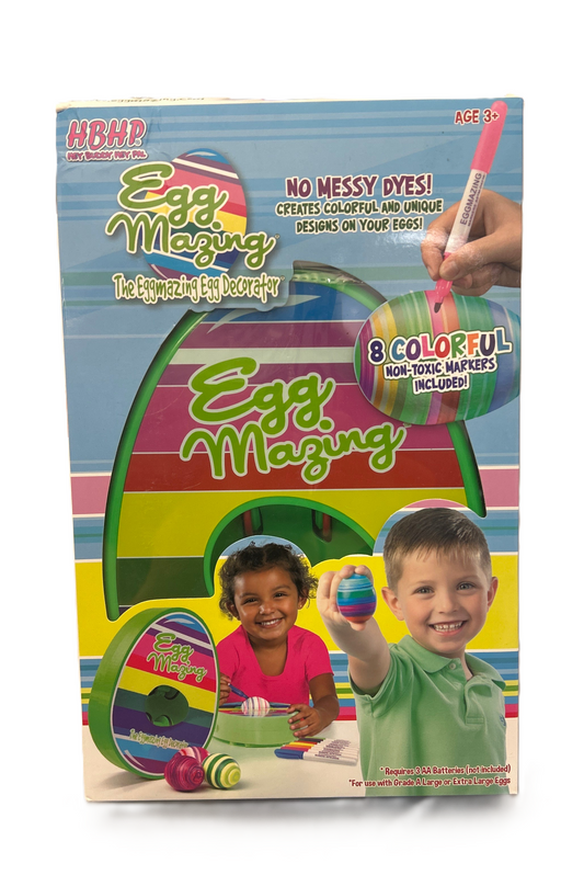 Egg Mazing toy packaging with colorful design and children using the product.
