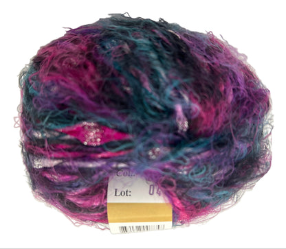 Multicolored yarn ball with a label on a white background
