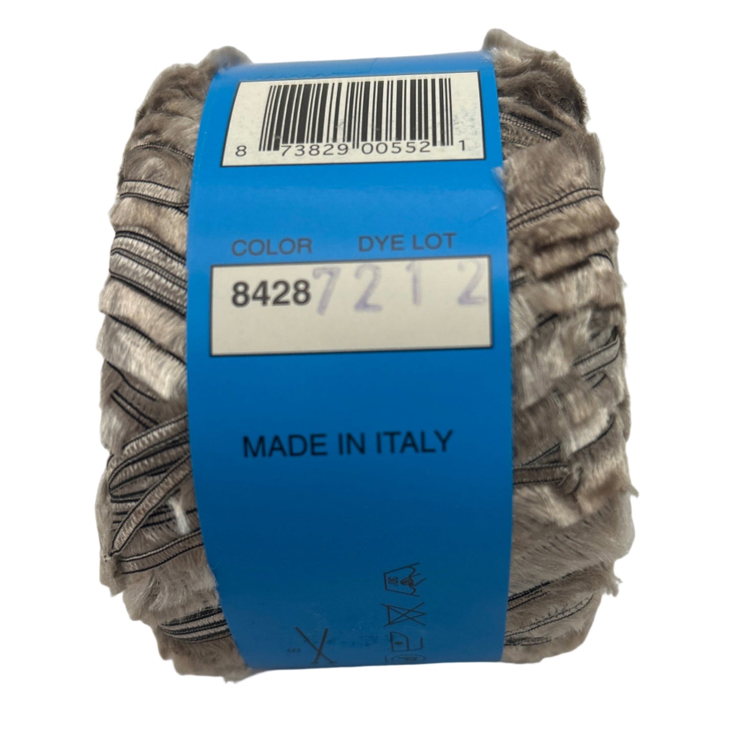Ball of yarn with a blue label on a light gray background