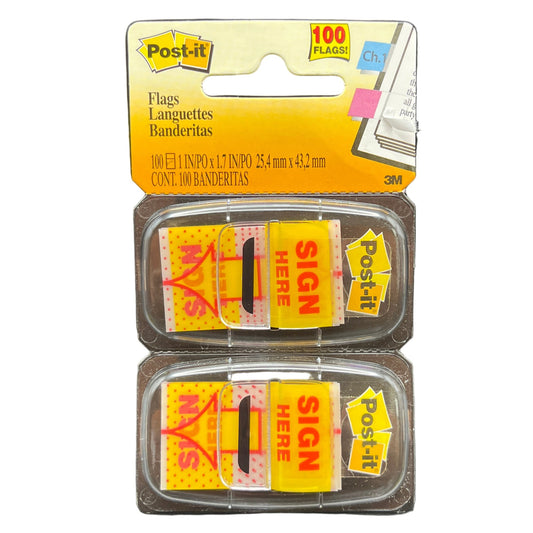 Packaged Post-it flags with 'Sign Here' text on a white background