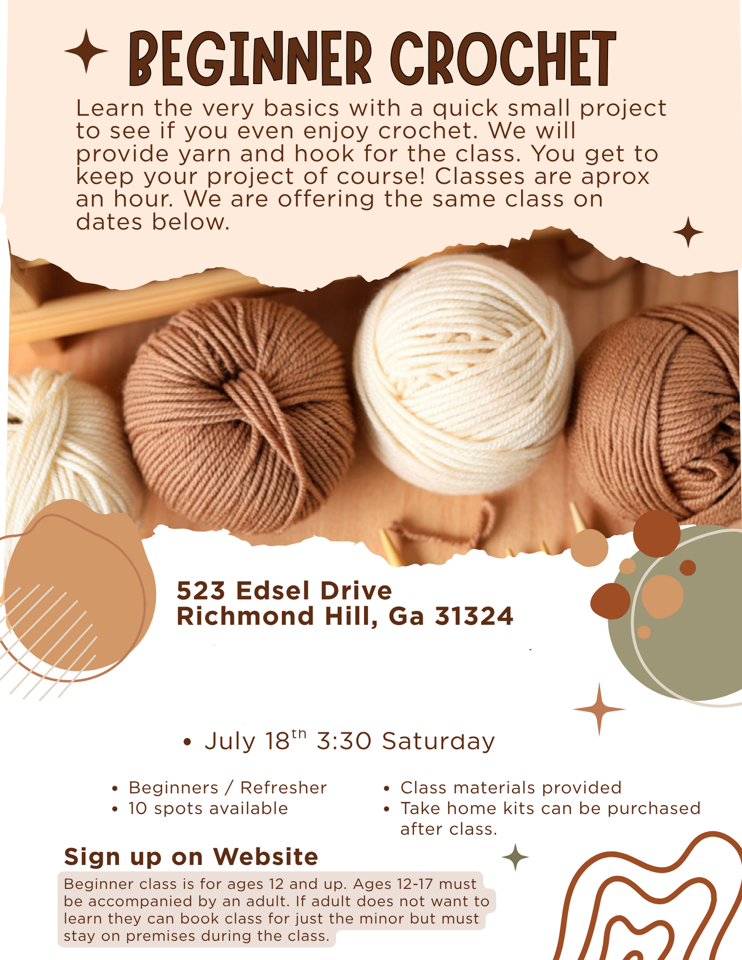Beginner Crochet Class - Sat July 18th 3:30