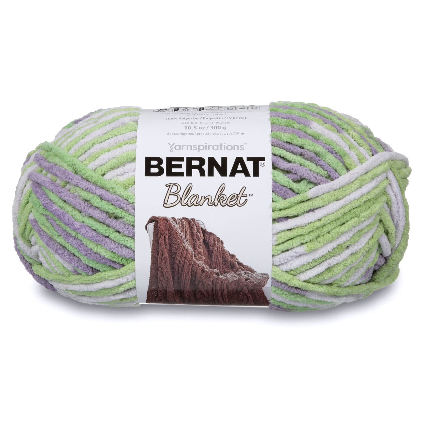 Ball of Bernat Blanket yarn with a label on a white background