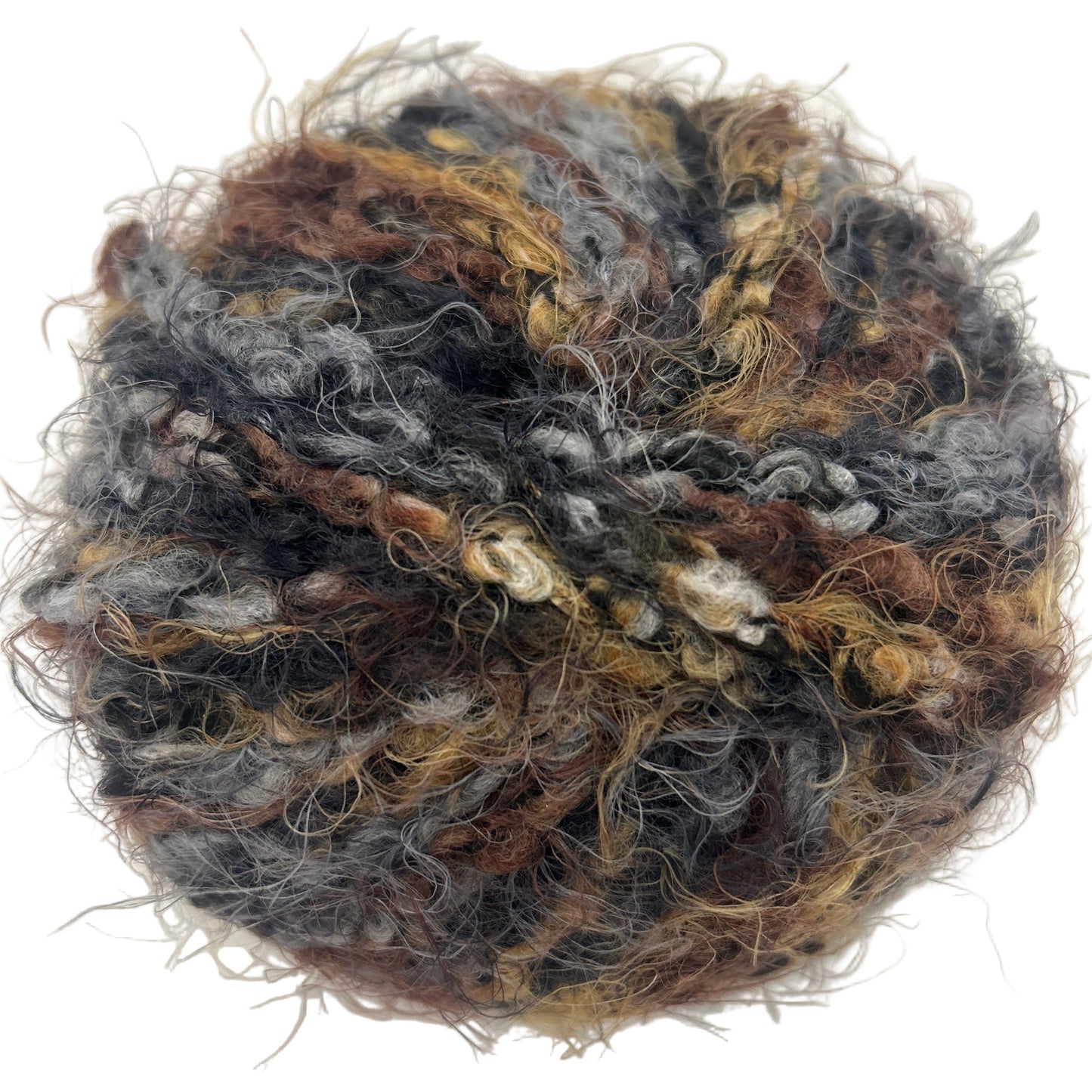 Ball of multicolored yarn on a white background