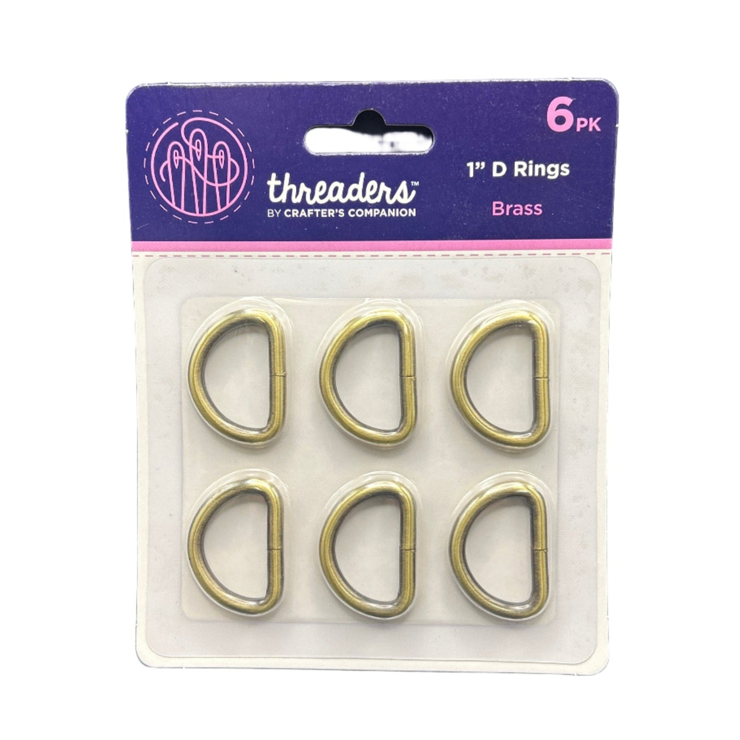 Pack of six brass D rings with 'Threaders by Crafter's Companion' packaging on a white background