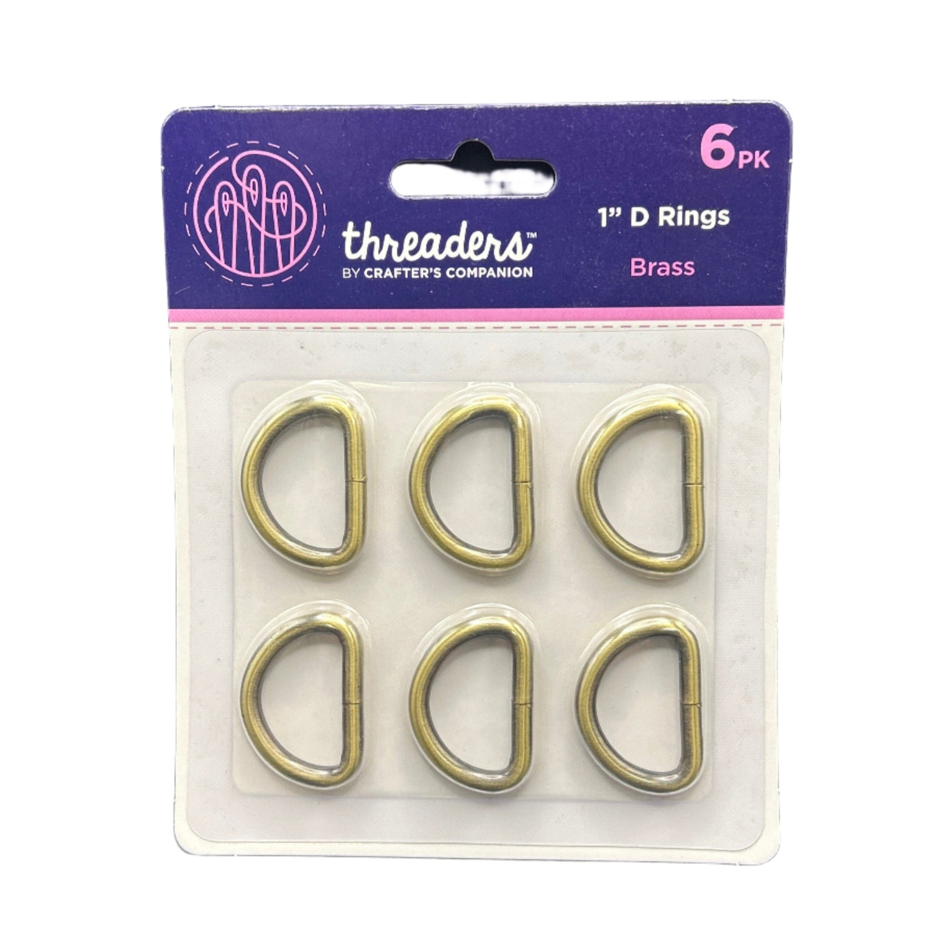 Pack of six brass D rings with 'Threaders by Crafter's Companion' packaging on a white background