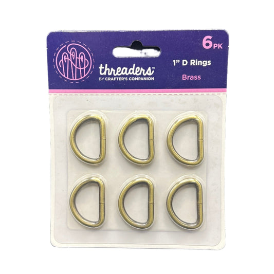 Pack of six brass D rings with 'Threaders by Crafter's Companion' packaging on a white background