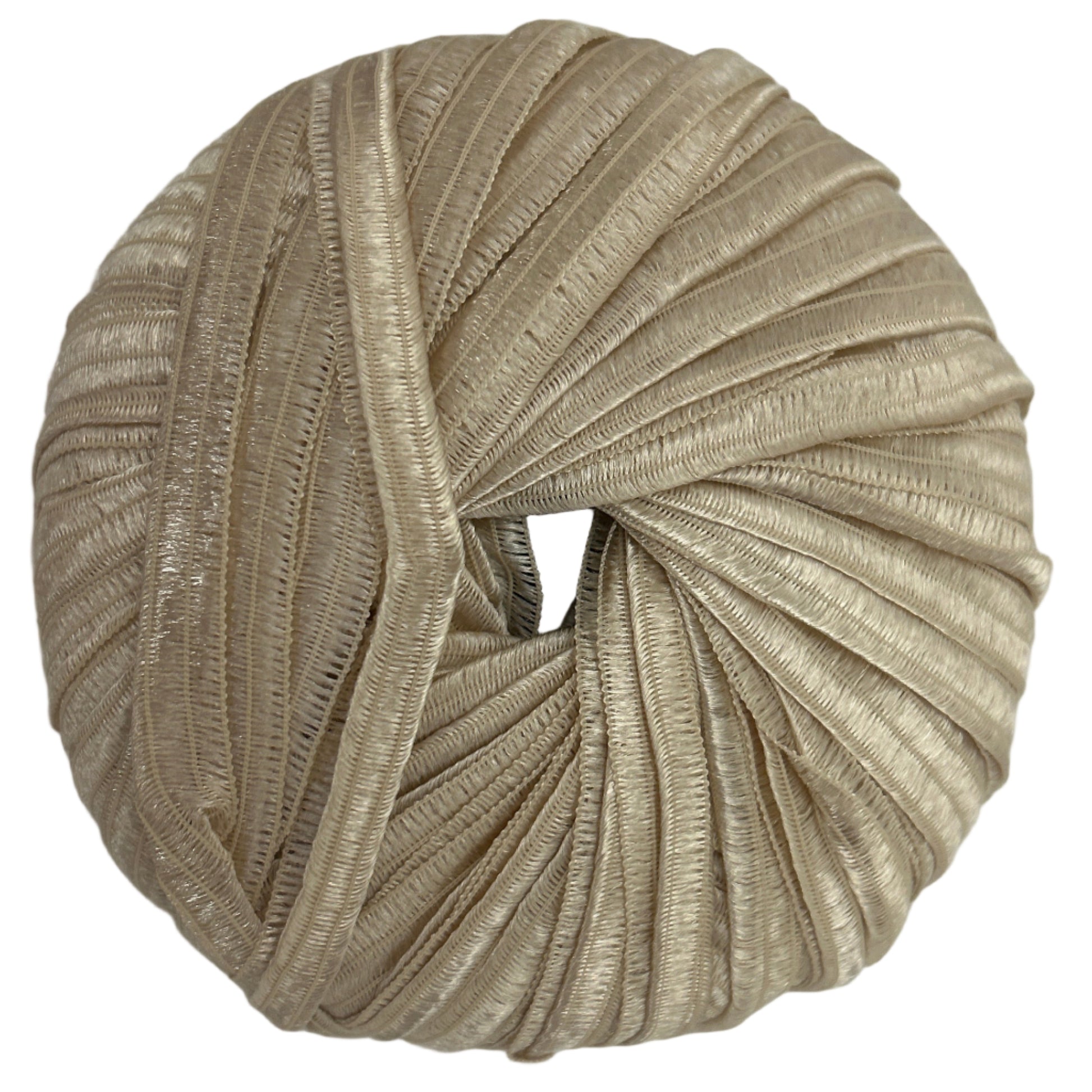 Ball of beige yarn on a light gray background