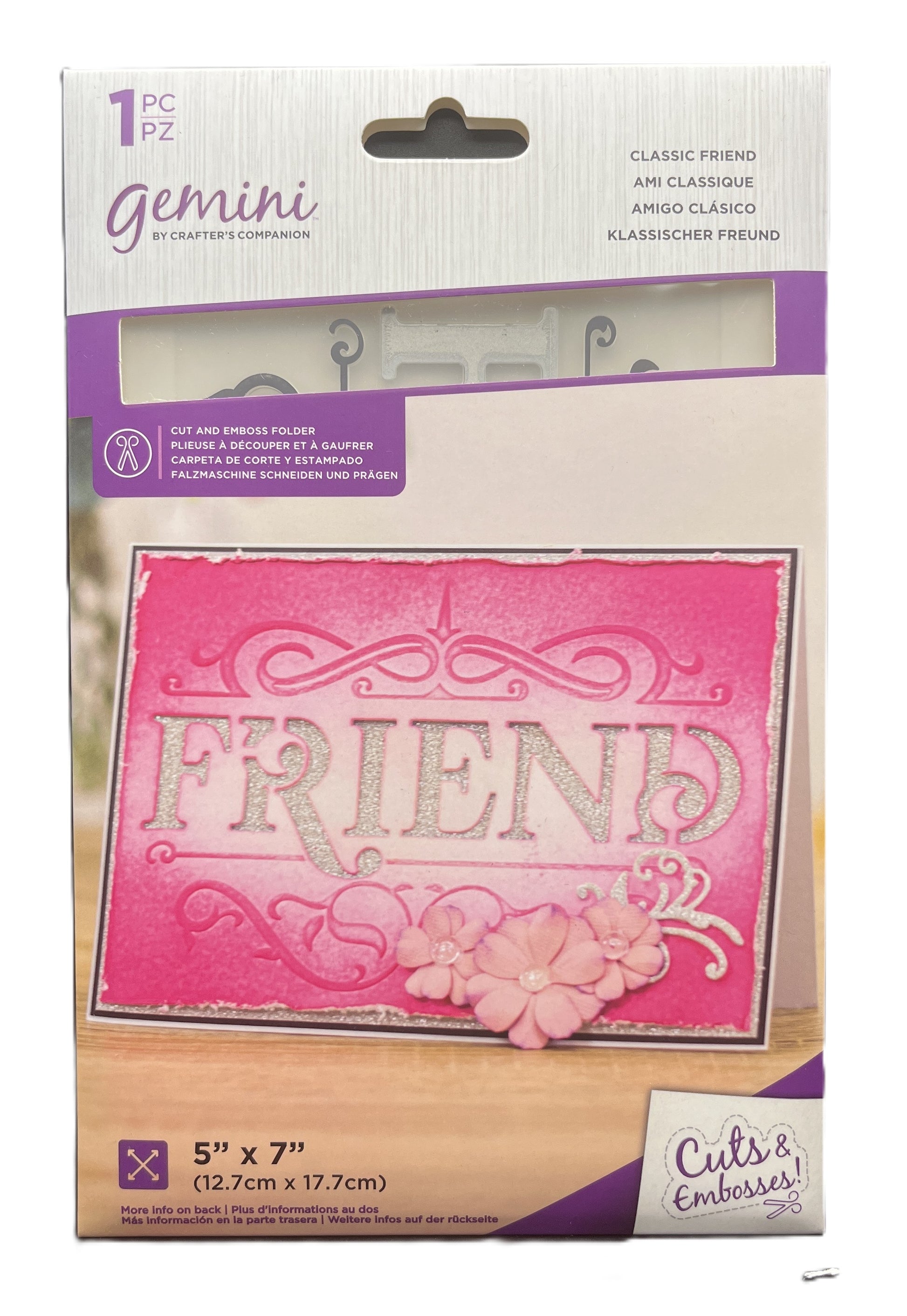 Package of Gemini die with 'Friend' design on pink background